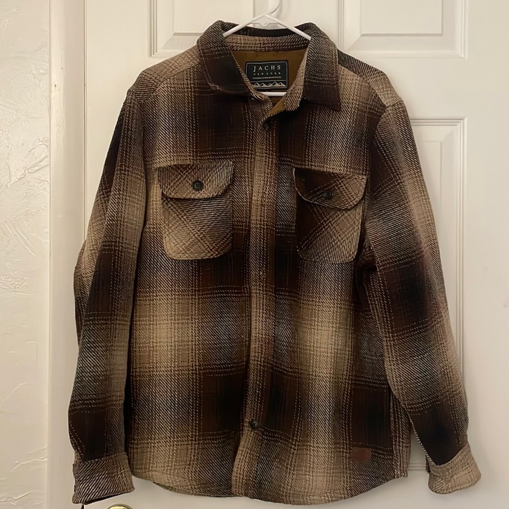 Jachs New York Mens Medium Wool Blend Plaid Shirt Jacket Button Up Pocket- Brown